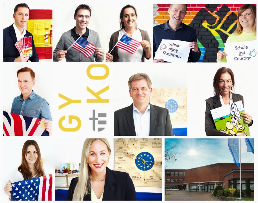 Leider konnten nicht alle Personen des Europateams aufgrund des Pandemiegeschehens fotografiert werden. Personen auf den Fotos (v.l. erste Reihe): Danijel Novic (stellvertretend für die Vorbereitung und Durchführung des Sprachzertifikates DELE); Fabian Schur und Sandra Heller-Kremer (Team Alaska-Austausch); Christian Möller (Durchführung der Europa-Projekte mit Brüssel-Fahrt) und Alexandra Grams (stellvertretend für den Ungarn-Austausch und das Zertifikat „Schule ohne Rassismus“) Fotos Mitte: Christian Bandelow (stellvertretend für das bilinguale Unterrichtsangebot im Fach Geschichte/Englisch); Andreas Müller (Schulleitung); Sophie Koll (Frankreich-Austausch; DELF-Sprachdiplom) Fotos unten (von links nach rechts): Annika Stroh (stellvertretend für das bilinguale Unterrichtsangebot im Fach Geschichte/Englisch in der Oberstufe); Jacqueline Schindel-Barbosa (Europaschulkoordinatorin / DELE-Sprachdiplom); Schulgebäude mit drei Europaflaggen 
